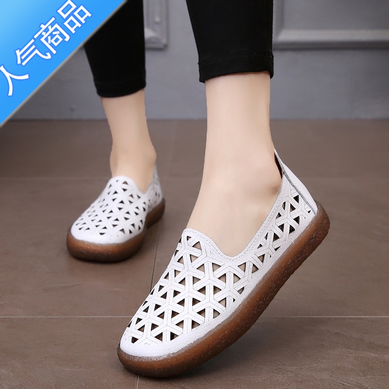 SUNTEK妈妈凉鞋夏季脚胖脚宽镂空女鞋软底防滑中老年女皮鞋平跟休闲高清大图