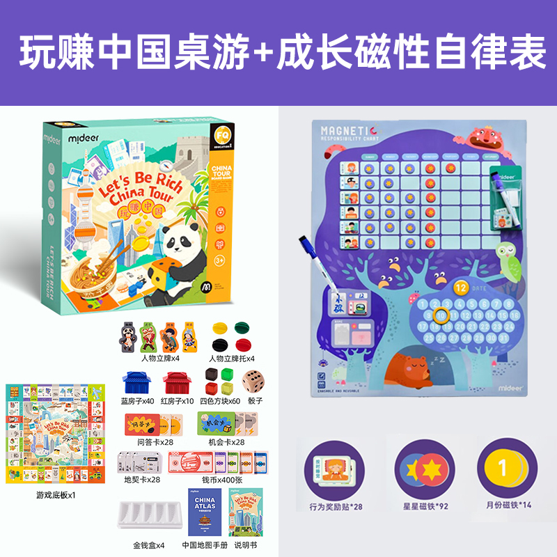 mideer弥鹿大富富翁桌游儿童版中国之旅桌面游戏棋牌亲子互动礼物早教启蒙 组合：玩赚中国桌游+成长磁性自律表