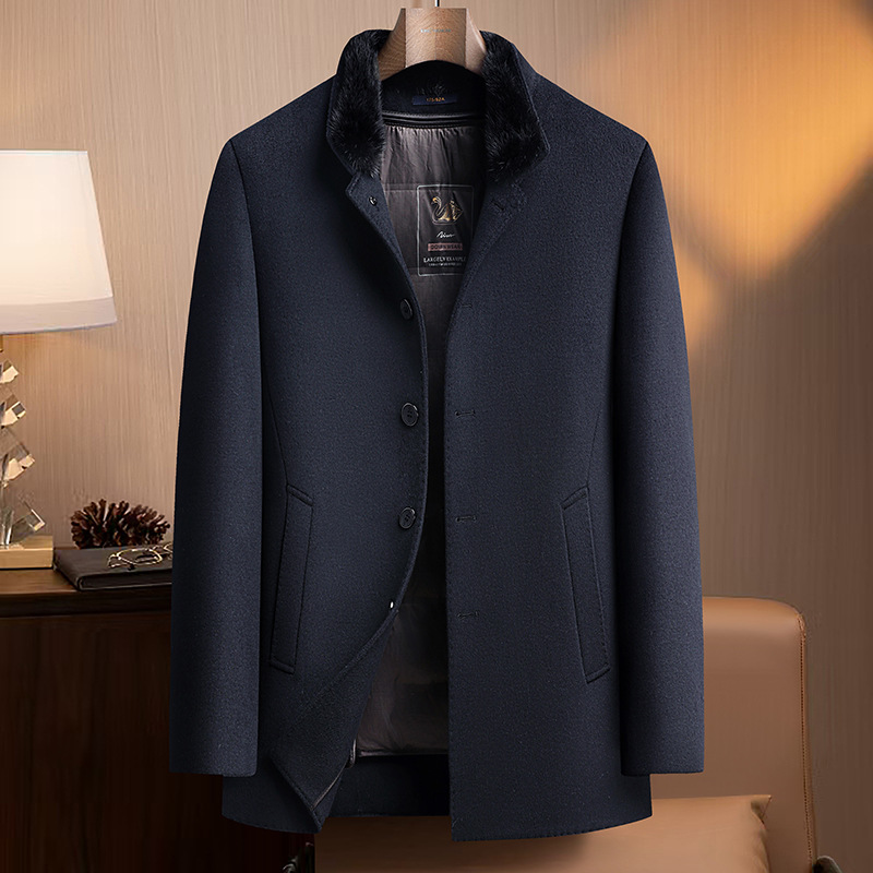 带袖子脱卸内胆中老年男式双面呢羊毛大衣水貂立领保暖呢子大衣男