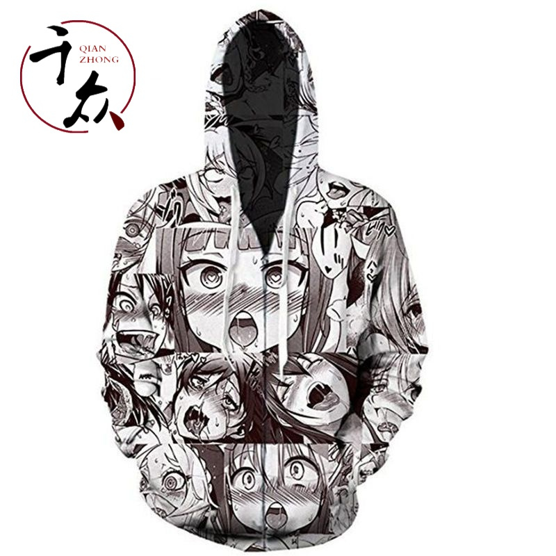 精选特卖ahegao动漫害羞女孩表情高潮脸连帽卫衣3d印花大码男女同款