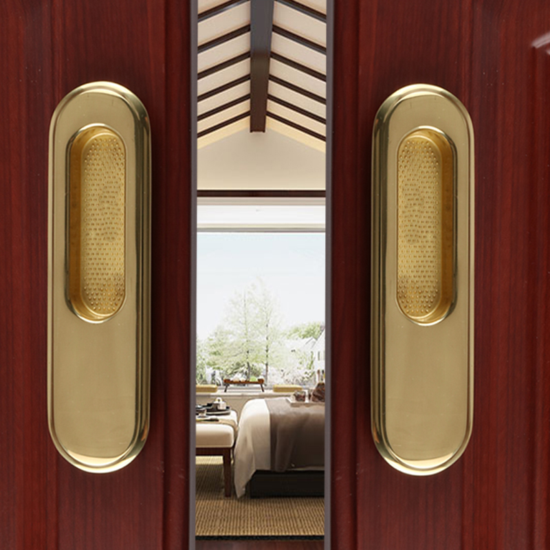 欧美式纯铜移拉手全铜嵌入式暗藏把手厨房书房中式推拉扣手
