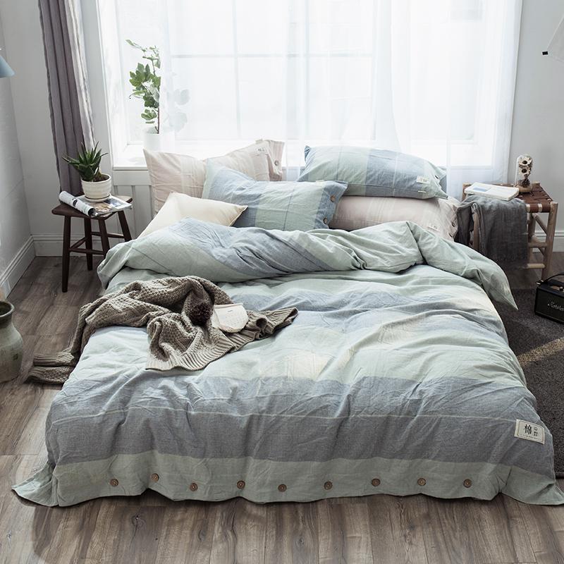 家柏饰(CORATED)简约棉麻风四件套亚麻纯色纽扣素色全棉全棉被套床单床笠床上用品 天海蓝 2.0m床床单款【被套220*240cm/床单245*270