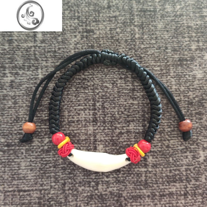 JiMi黑狗牙宝宝婴儿儿童情侣红绳真狗牙手链成人朱砂桃木狗牙红绳脚链