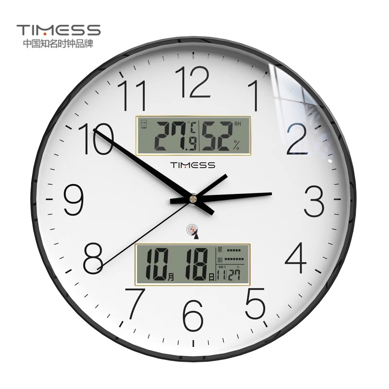 TIMESS自动对时闪波电波钟表挂墙家用客厅时钟免打孔石英挂钟 钢琴黑【1秒自动对时+万年历+温湿度】 14英寸（直径35.5厘米）