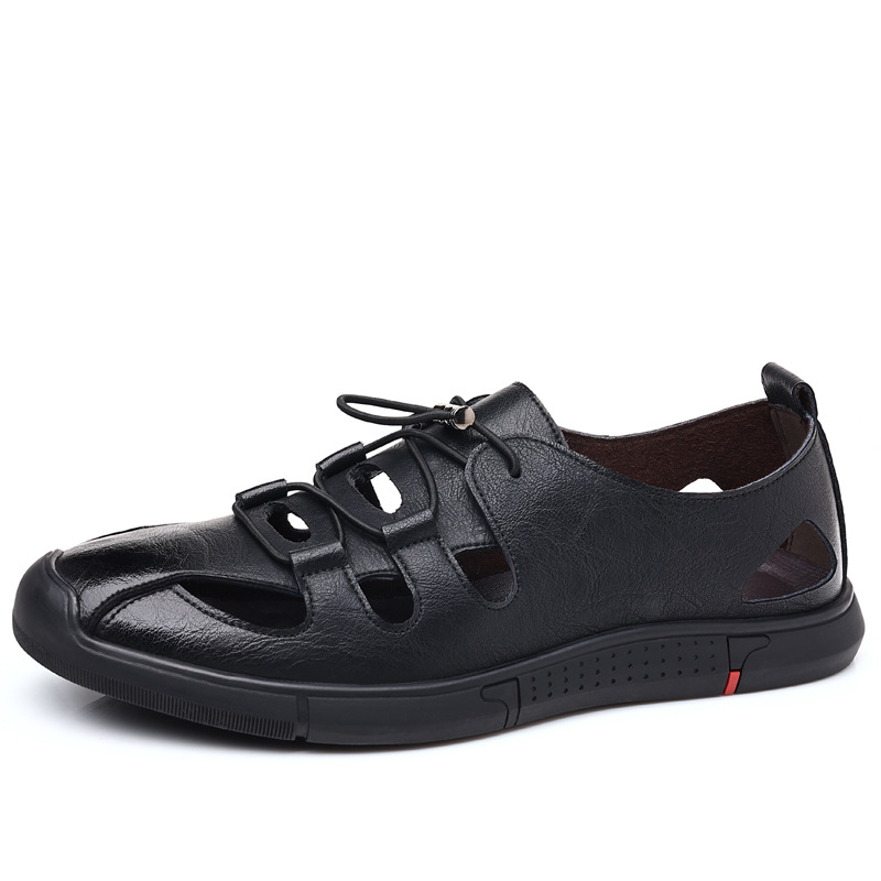 年新款男士休闲镂空皮鞋男潮透气洞洞鞋套脚真皮凉鞋