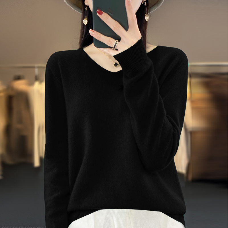 免费试穿 秋冬新款V领羊绒衫春秋新款针织衫瘦身上衣慵懒毛衣女春秋针织上衣服打底衫秋冬内搭大码显瘦洋气打底衫女高清大图