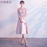 粉色伴娘服中长款2018秋季新款韩版伴娘团礼服姐妹裙修身晚礼服女