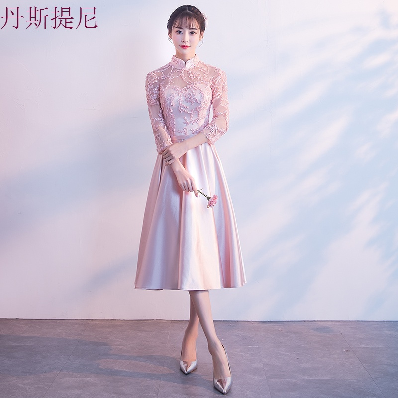 粉色伴娘服中长款2018秋季新款韩版伴娘团礼服姐妹裙修身晚礼服女