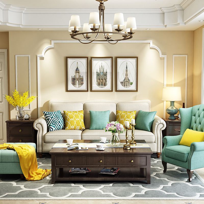 美式乡村沙发清新小户型三人沙发地中海田园布艺沙发组合视频