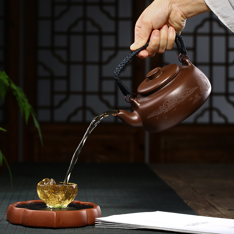 宜兴山水提梁紫砂壶原矿紫泥茶壶藤编提壁壶茶具厂报价_参数_图片_视