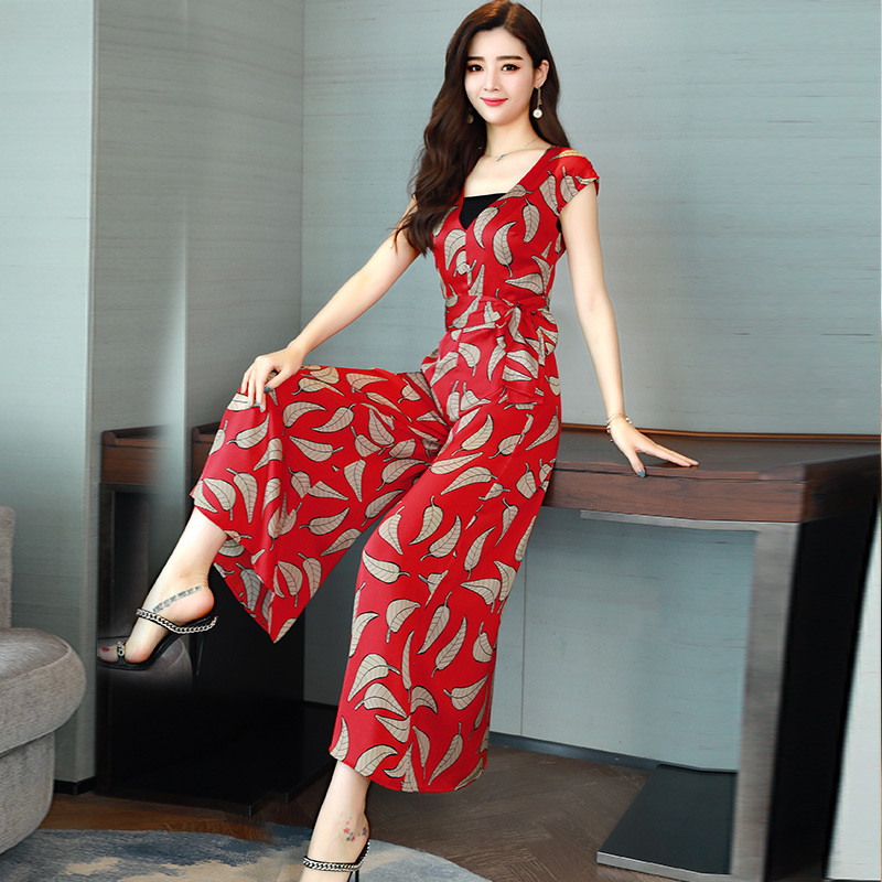 雪纺连体裤女夏装女士新品时尚气质印花v领高腰阔腿裤连体衣套装