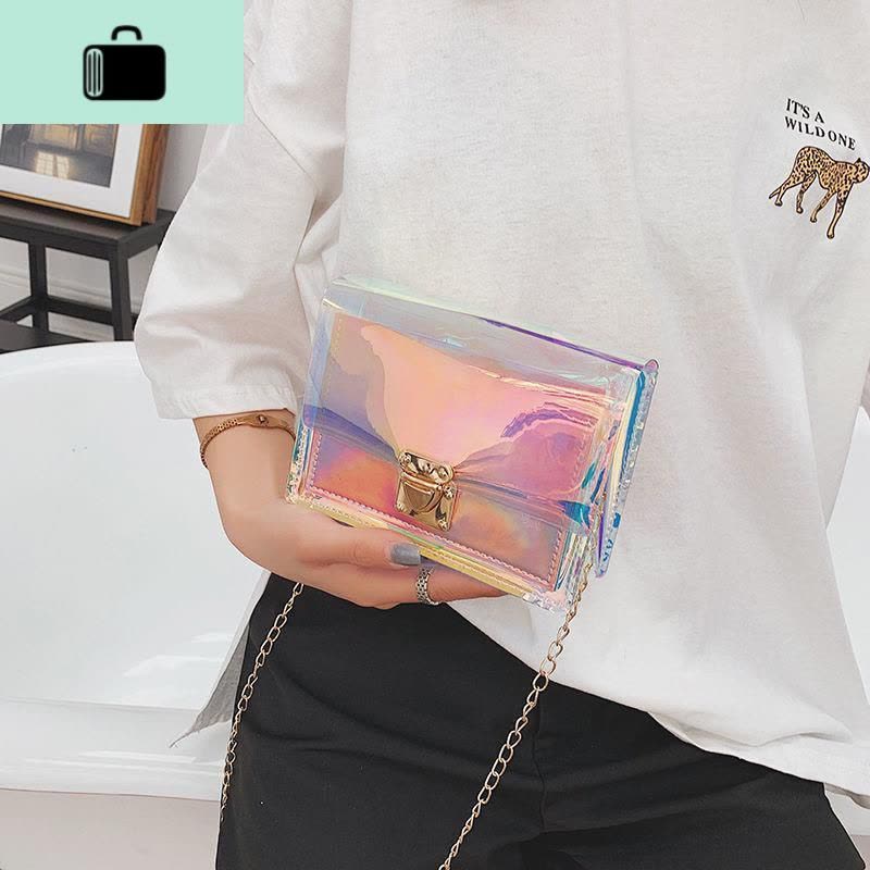 ins春夏包包2019韩版新款百搭透明镭射果冻包女学生斜挎单肩包小NEW LAKE女士单肩包图片
