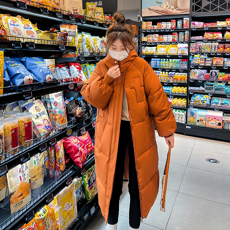 过膝棉衣女装2023年新款潮冬季加厚棉服宽松长款上衣韩版外套_71 橙色 M