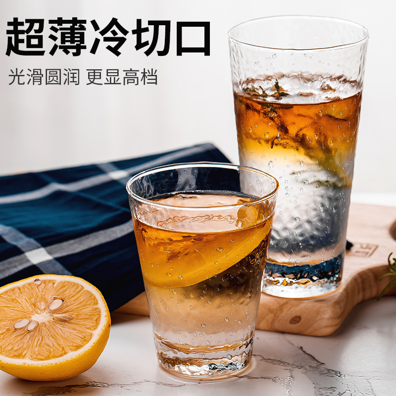 青苹果日式玻璃杯创意餐厅透明耐热水杯套装家用锤纹杯子果汁饮品杯
