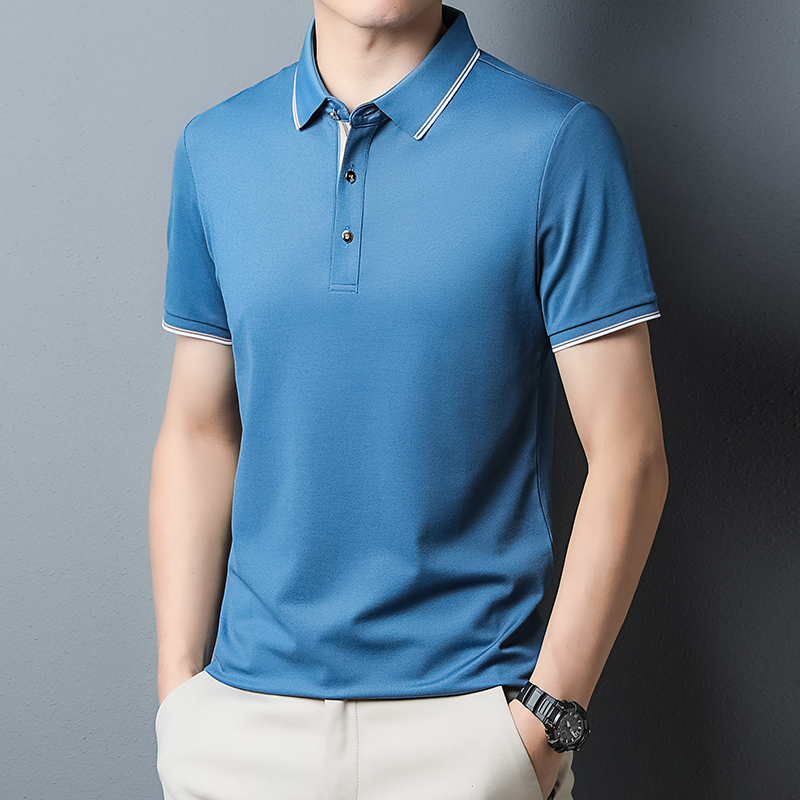 桑蚕丝polo衫男士短袖t恤2024新款夏季免烫抗皱商务休闲半袖上衣短袖t恤男翻领中年纯色免烫抗皱商务休闲polo衫夏薄高清大图