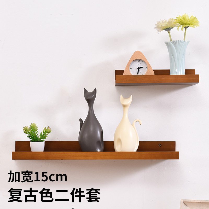 美帮汇客厅墙上置物架卧室壁挂电视背景墙装饰架一字实木板简约现代书架 复古色两件套高清大图