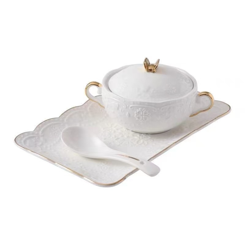 Home glen 陶瓷汤盅隔水带盖小炖罐甜品盅 68号金顶盖碗+长盘+勺 1套高清大图