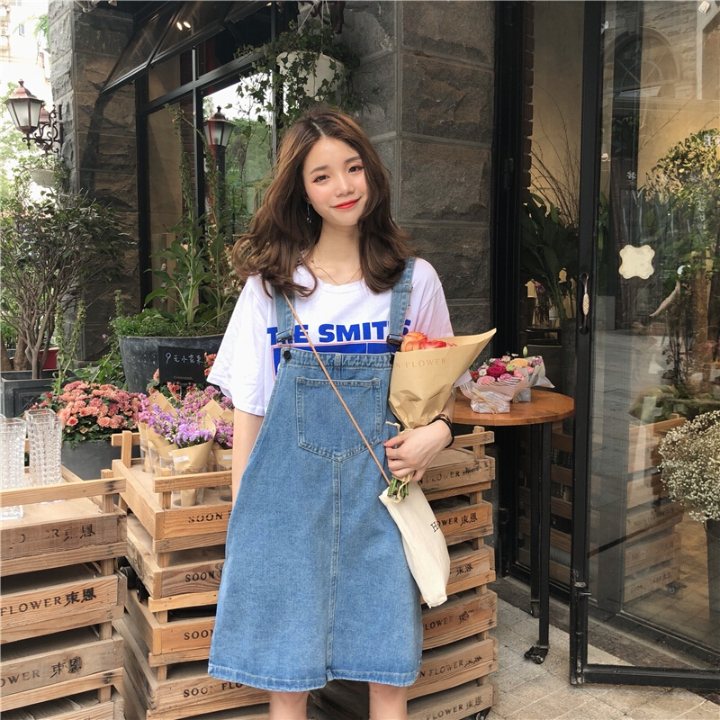 怪兽女夏牛仔背带裙2018新款韩版学生宽松大码显瘦a字中裙连衣裙蓝色