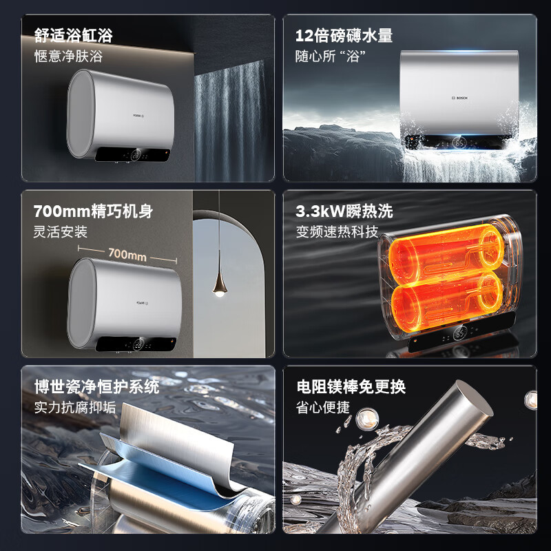 博世3300W家用一级能效高效速热大水量储水式中温节能电热水器防电墙TR 7200 60 P6-60升高清大图