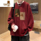 YANXU美式复古酒红色长袖t恤男秋季潮牌圆领卫衣宽松大码打底秋衣