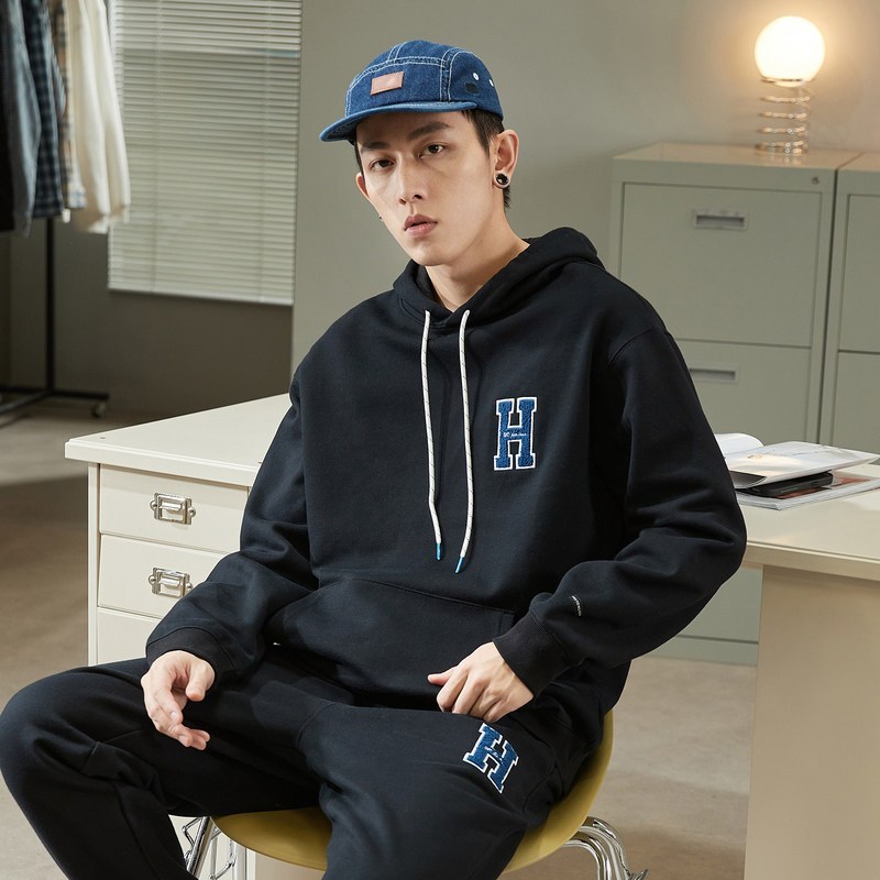 唐狮0春季新款休闲运动套装男长袖宽松圆领卫衣青少年衣服套装 XXL 黑色上衣