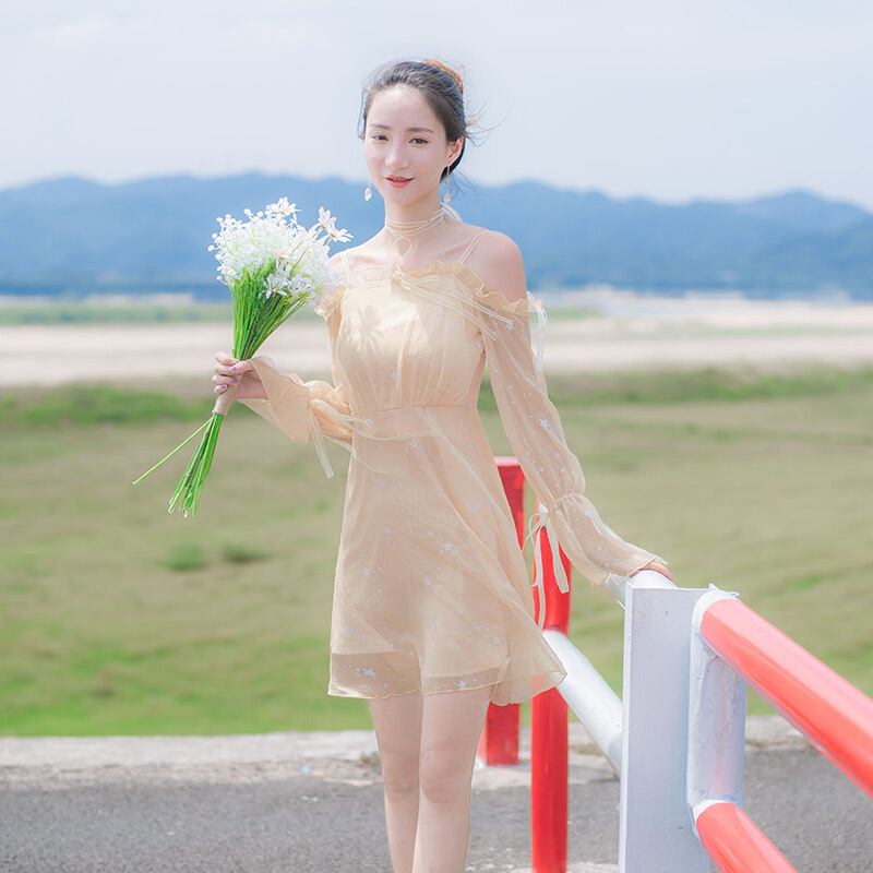 2018春装新款韩版女装修身显瘦长袖气质带露肩一字肩网纱连衣裙金色