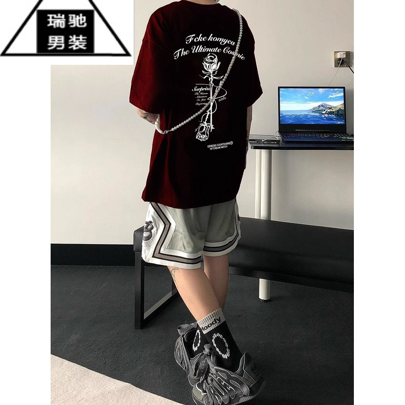 希杰狮王酒红色欧美街头潮牌t恤男300g短袖美式高街复古玫瑰7七分半袖
