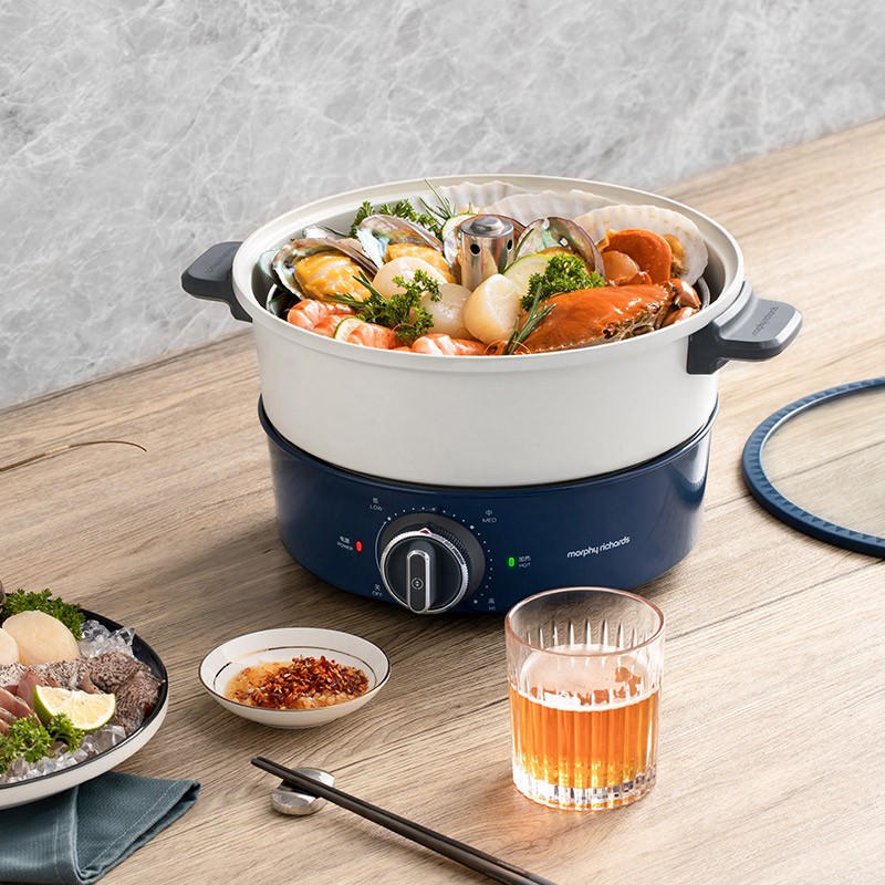 摩飞电器 升降电火锅多功能料理锅鸳鸯火锅专用锅 烤肉蒸煮煎炖电煮锅分体式4L大容量MR9090 4L 轻奢蓝高清大图