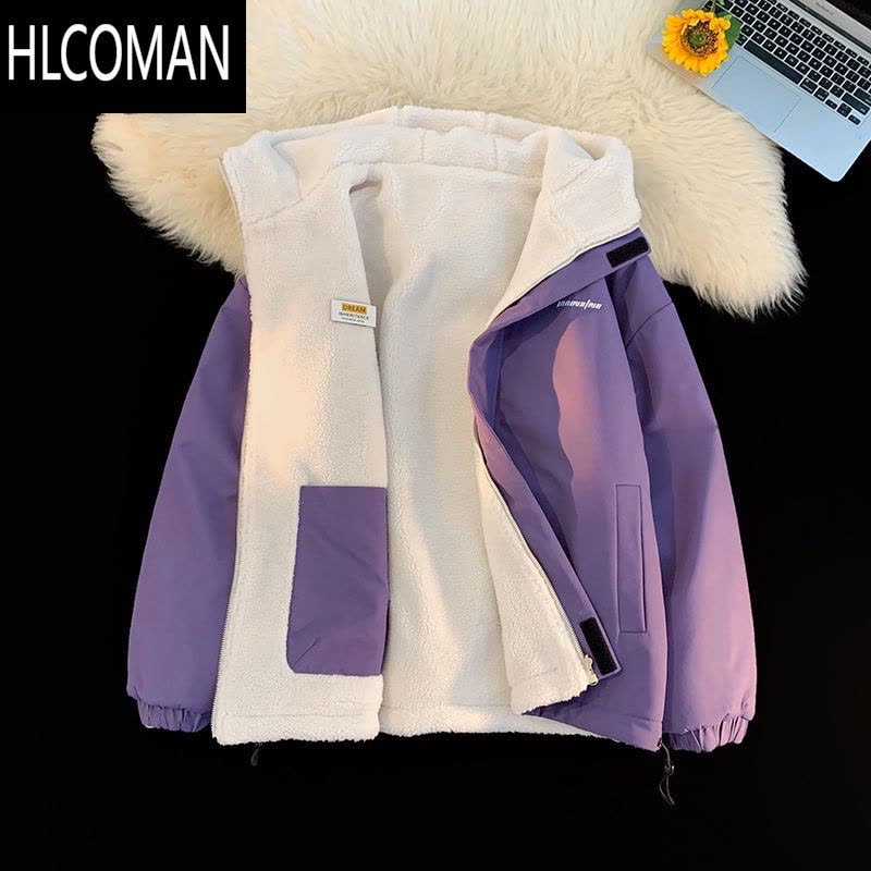 HLCOMAN双面穿羔绒棉衣外套男女冬季休闲宽松百搭情侣加绒p暖显瘦棉袄图片