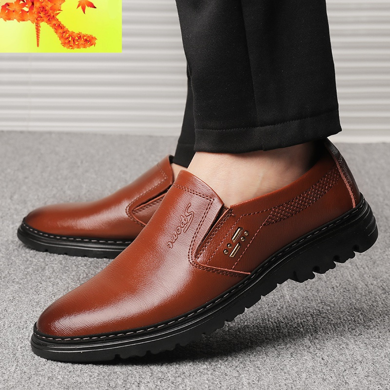 套脚皮男士皮鞋皮商务休闲皮鞋男中年爸爸鞋透气圆头男鞋简畅休闲鞋