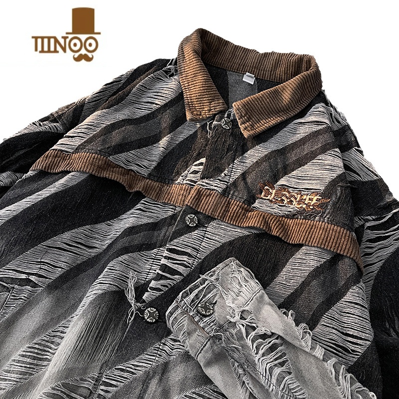 YANXU高街美式渐变色破坏感牛仔外套男拼色设计感小众百搭长袖夹克男生高清大图