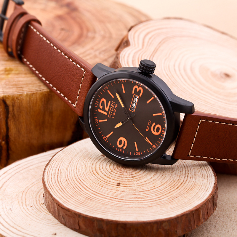 citizen西铁城手表皮带时尚骚橙夜光潮流光动能男士手表bm847526eb