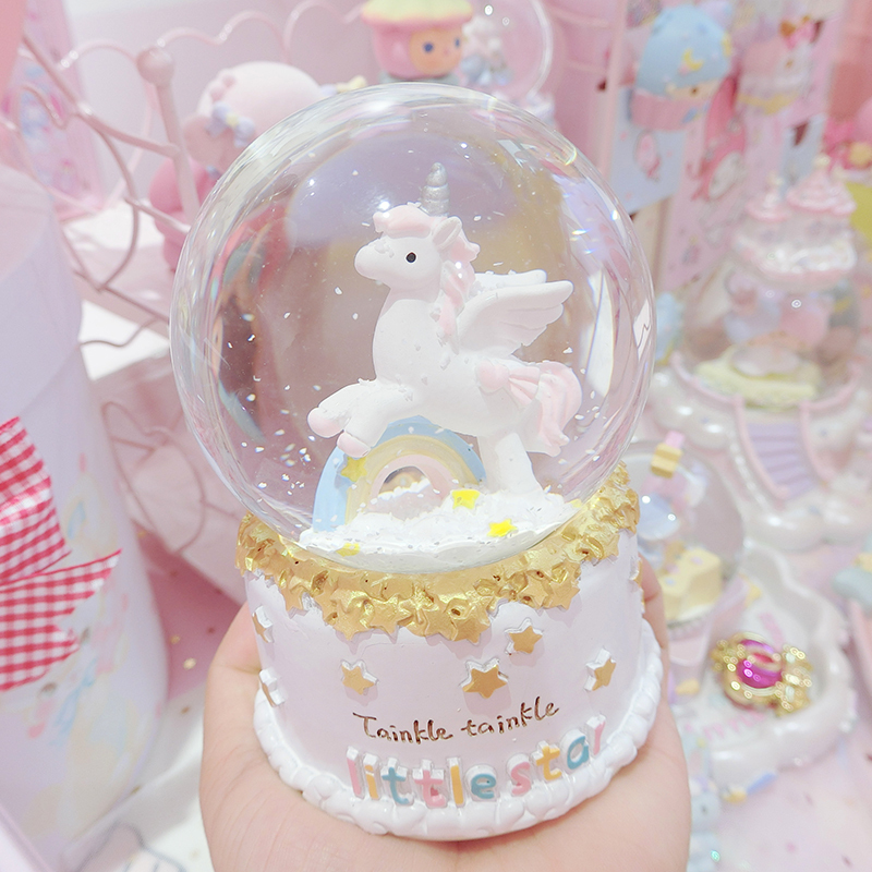 梦幻彩虹月亮独角兽水晶球少女心软妹生日可爱桌面摆件音乐盒 三维