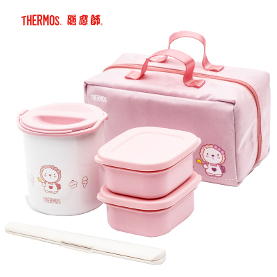 膳魔师(THERMOS)婴童保鲜盒儿童保温饭盒宝宝辅食盒锈钢内胆附带便当袋餐筷膳魔師便携便当盒 DBQ-253F PK