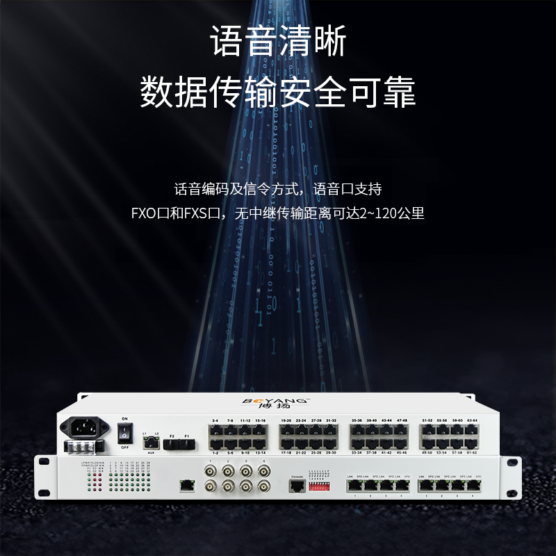 博扬 综合业务电话光端机 8路电话+2路千兆+4路百兆以太网物理隔离 LC单纤60km 机架式1对BY-8P2Gv4Fv