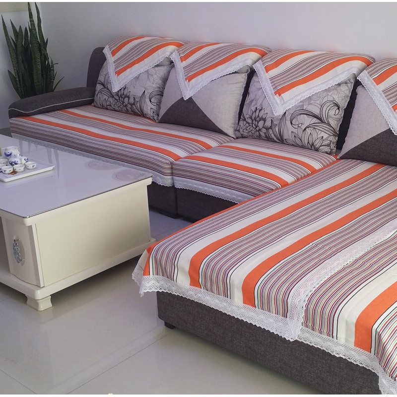 美帮汇四季通用老粗布沙发垫加厚沙发巾现代简约防滑靠背巾定制 橘黄细条 45*45抱枕套