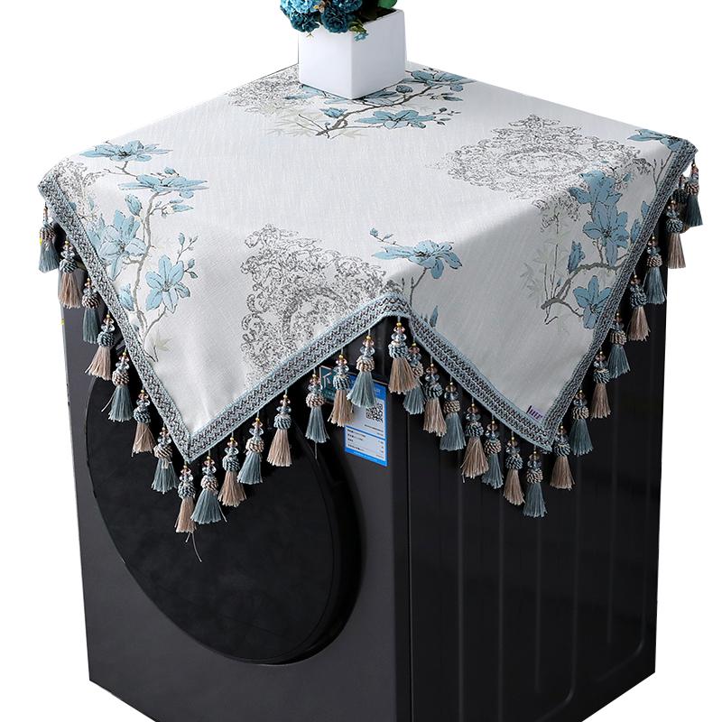 新中式滚筒洗衣机盖布中国风冰箱布盖巾室内正方形 芳华蓝色(双色吊穗)洗衣机盖布 110*110cm(尺寸含吊穗尺寸在内)高清大图