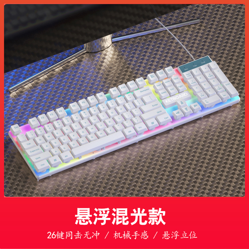 【补贴10%】键盘鼠标套装电脑台式笔记本办公打字专用USB有线机械键盘 【时尚好看】发光白键盘