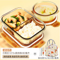 玻璃饭盒可微波炉加热专用的学生上班族带盖餐盒保鲜分隔型便当碗 琥珀色480ml+长两隔1070+狮子包+餐具