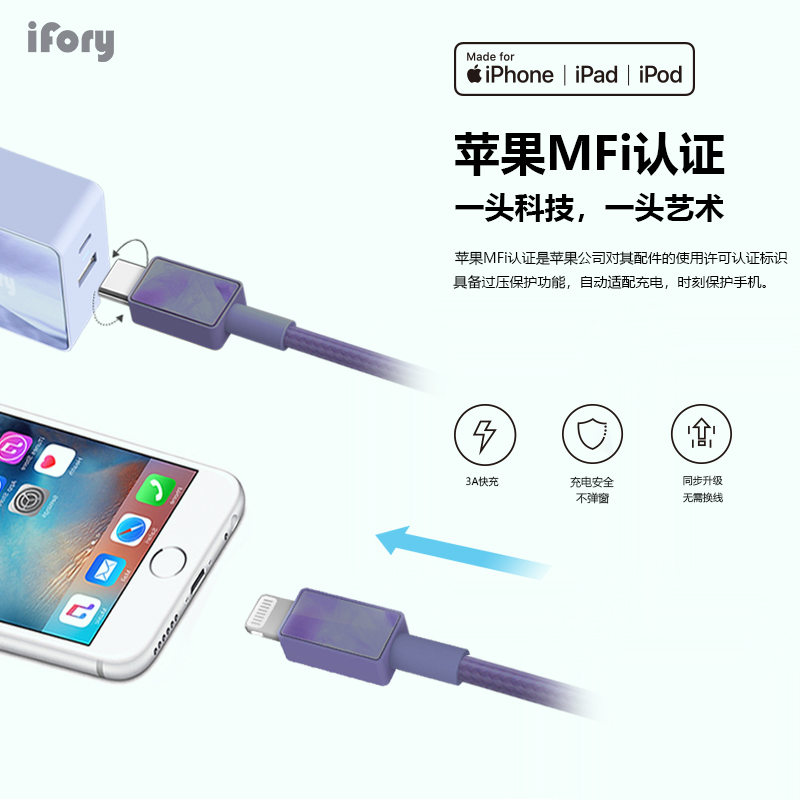 ifory安福瑞 MFi认证PD快充i支持苹果12phone11pro/x手机18W快充数据线 多色可选 星云紫0.9米