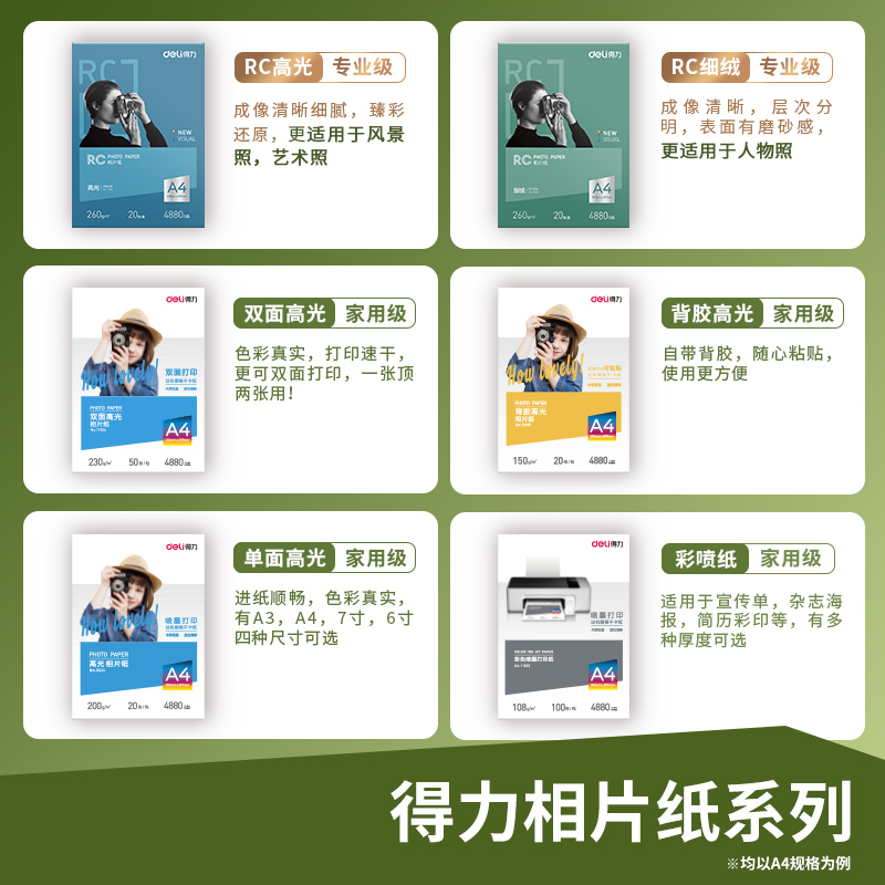 得力可粘贴相片纸 背胶高光相片纸 相片打印纸 白底相片纸 4R/A4尺寸照片