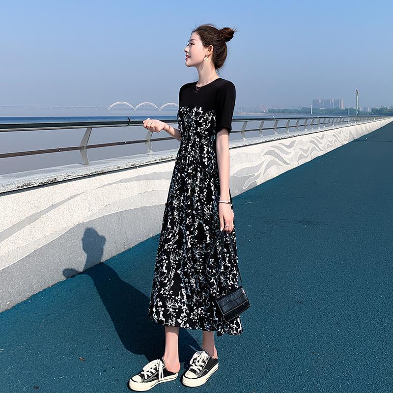 连衣裙女2021夏新款大码女装中长款雪纺拼接碎花裙气质高腰显瘦裙 图片色(优质面料 短袖) S