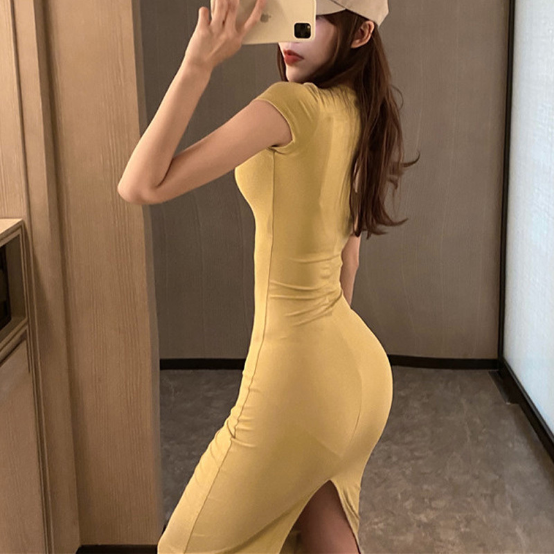 短袖性感度假长裙夏紧身莫代尔中长款连衣裙显瘦收腰修身开叉连衣裙