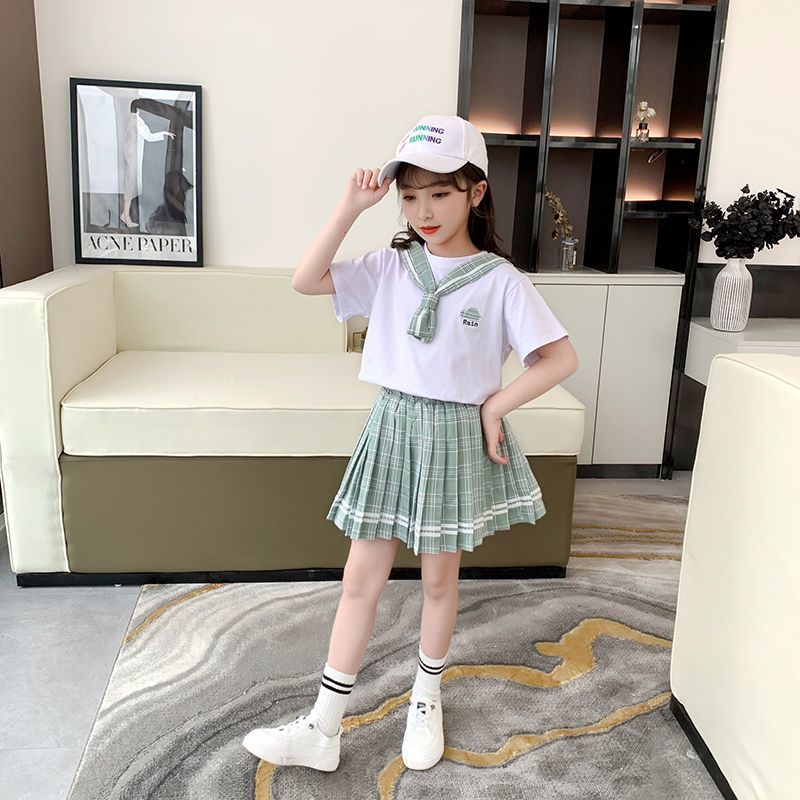 女童连衣裙夏装2021新款洋气套装裙十岁女孩小学生学院风公主裙子 浅绿色+格子裙 [上衣纯棉] 110 [适合身高100