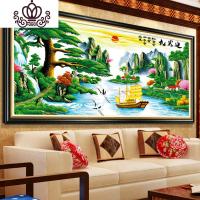 封后迎客松十字绣2019新款绣客厅家用山水画风景大幅线绣流水生财大气 『丝线』1.7×0.75米(精准印花,送工具)