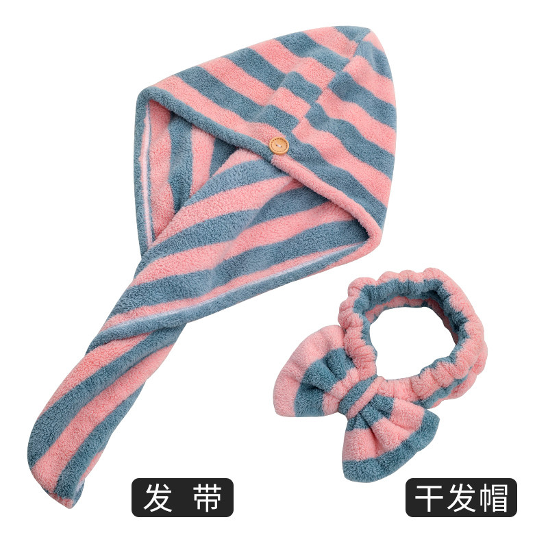 2条装干发帽女吸水速干不毛加厚浴帽擦包头巾可爱束发带三件套 三维工匠 条纹灰色二件套