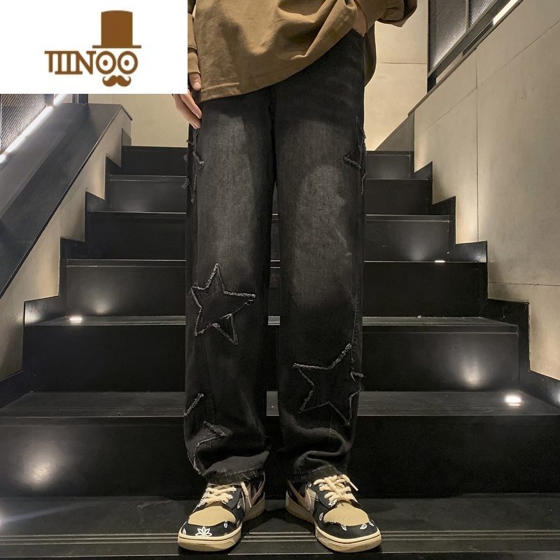 YANXU高街牛仔裤男款夏季美式刺绣设计感直筒长裤潮牌ins宽松阔腿裤牛高清大图