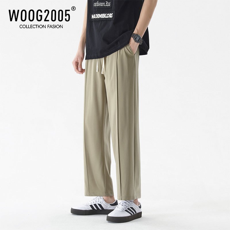 WOOG2005卡其色冰丝裤子男夏季薄款垂感西装裤日系复古直筒九分裤