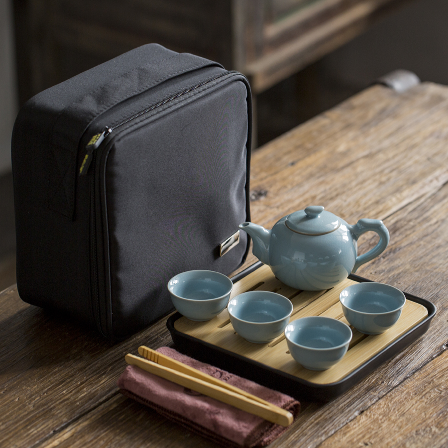 便携式茶具套装 高岭土 汝州釉 开片养生茶具【茶壶*1+茶杯*4+茶盘*1】