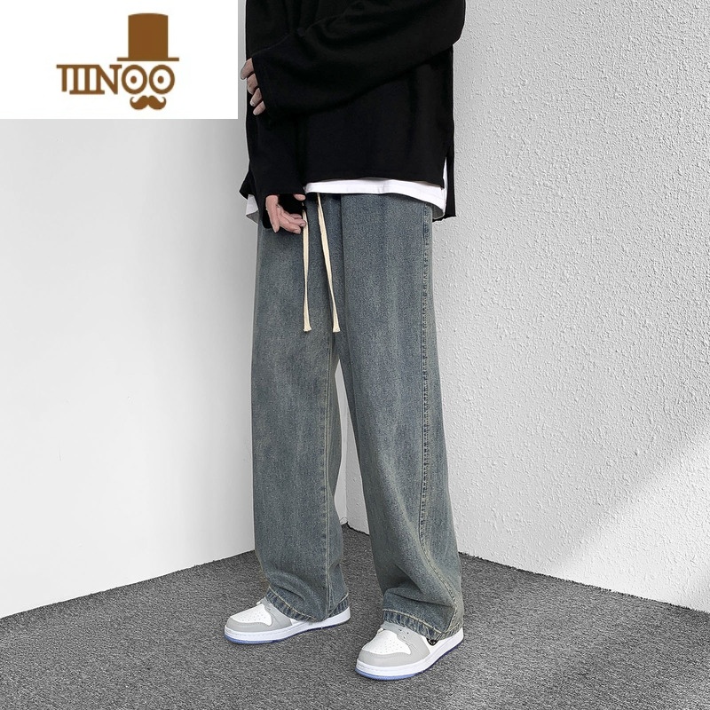 YANXU美式高街牛仔裤男新款直筒宽松潮牌阔腿裤男士黑色休闲长裤子高清大图